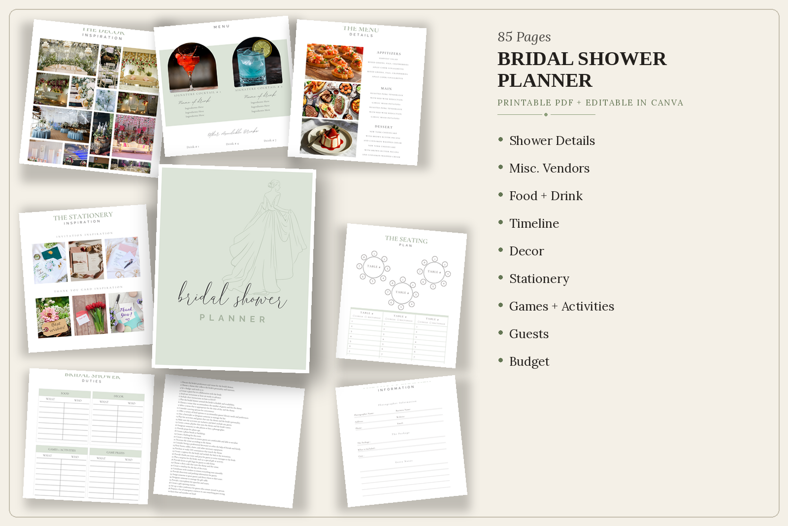 Bridal Shower Planner — 85 pages, printable PDF editable in Canva